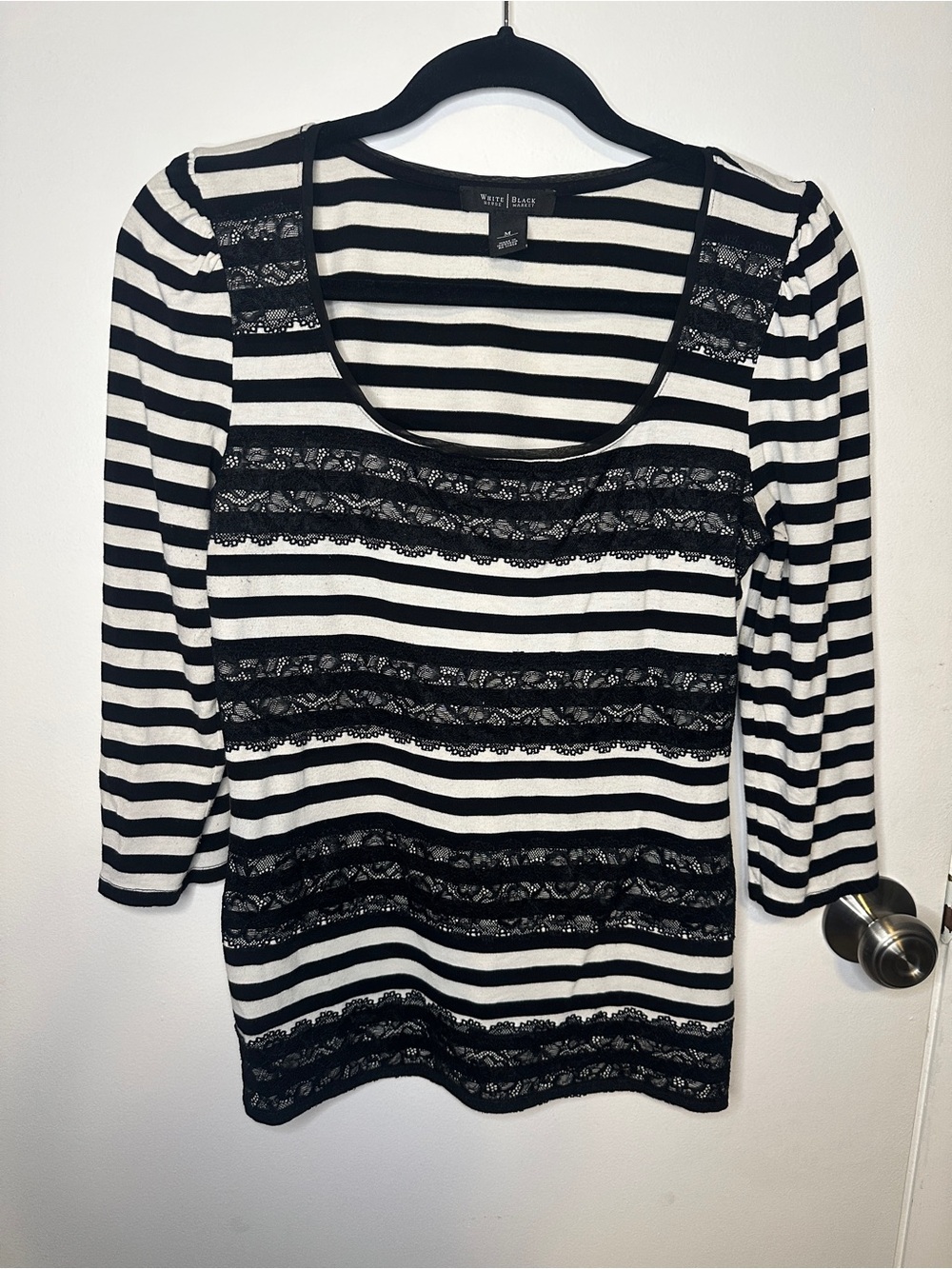 White House Black Market Black and White Striped Lace-Accent Scoop Neck Top